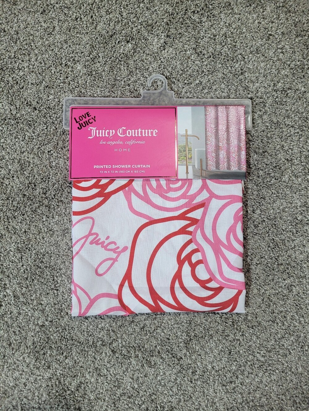 Juicy Couture Fabric Shower Curtain 72x72 Pink Red Floral Logo Spellout Y2K